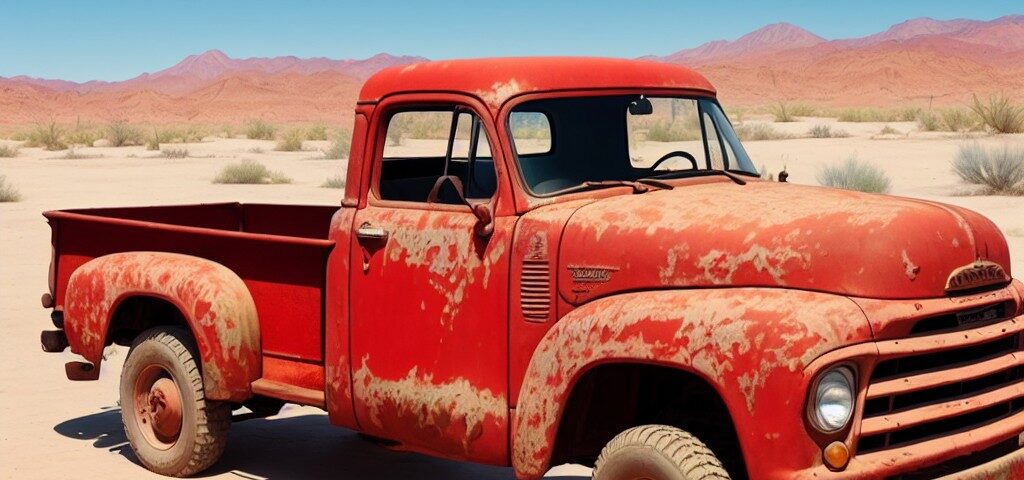 Deliberate 11 A vintage faded red truck its paint job chipped and worn par
