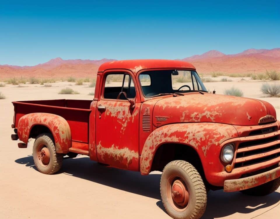 Deliberate 11 A vintage faded red truck its paint job chipped and worn par