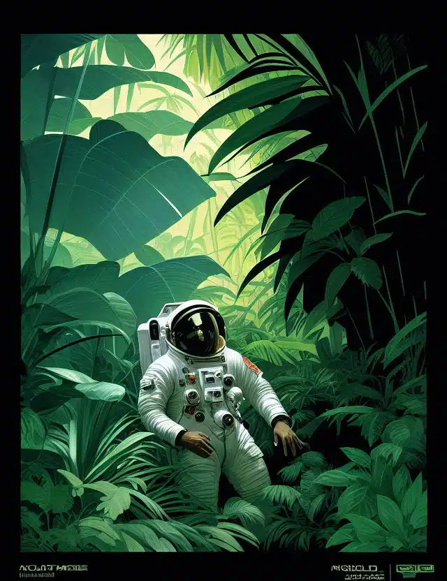 Astronaut im Dschungel - Leonardo AI Modell Deliberate 1.1 Prompt Deliberate 11 Astronaut in a Jungle by Syd Mead cold color palette muted c 0