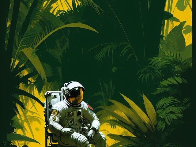 Deliberate 11 Astronaut in a Jungle by Syd Mead cold color palette muted c