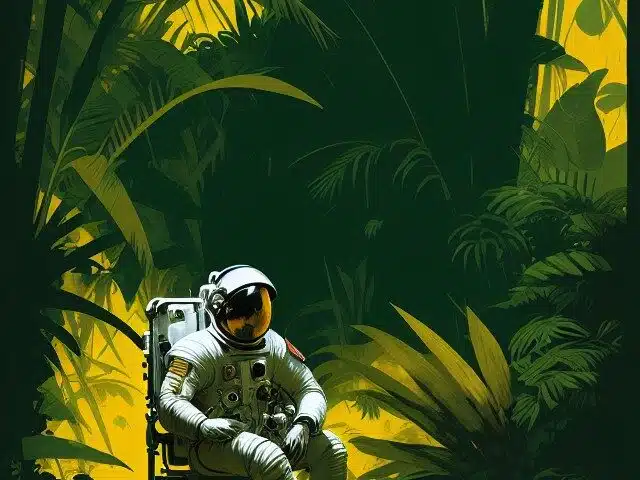 Astronaut im Dschungel - Leonardo AI Modell Deliberate 1.1 Prompt Deliberate 11 Astronaut in a Jungle by Syd Mead cold color palette muted c 2