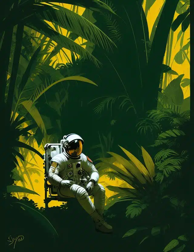 Astronaut im Dschungel - Leonardo AI Modell Deliberate 1.1 Prompt Deliberate 11 Astronaut in a Jungle by Syd Mead cold color palette muted c 2