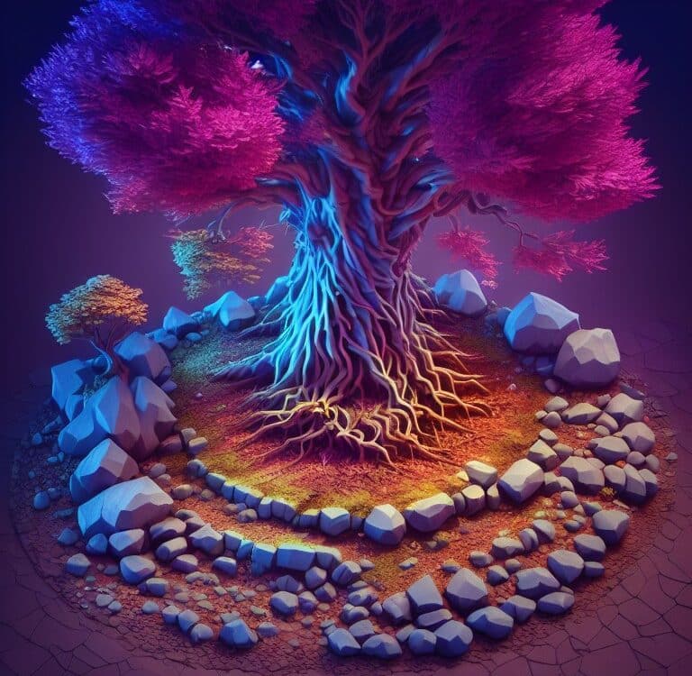 Isometric Fantasy A 3d photorealistic raytraced tall magical tree in the middl