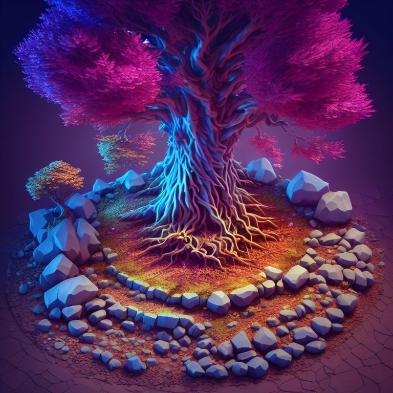 Isometric Fantasy A 3d photorealistic raytraced tall magical tree in the middl