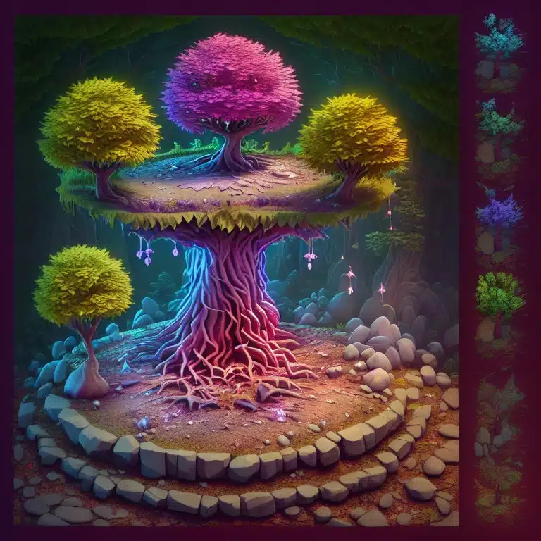 3D-Rendering einer magischen Baumskulptur - Leonardo AI Modell Isometric Fantasy Prompt Isometric Fantasy A 3d photorealistic raytraced tall magical tree in the middl 1