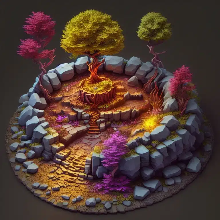 3D-Rendering einer magischen Baumskulptur - Leonardo AI Modell Isometric Fantasy Prompt Isometric Fantasy A 3d photorealistic raytraced tall magical tree in the middl 2