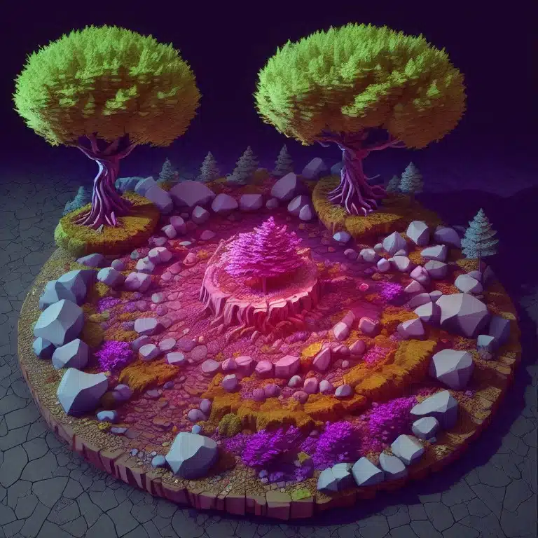 3D-Rendering einer magischen Baumskulptur - Leonardo AI Modell Isometric Fantasy Prompt Isometric Fantasy A 3d photorealistic raytraced tall magical tree in the middl 3