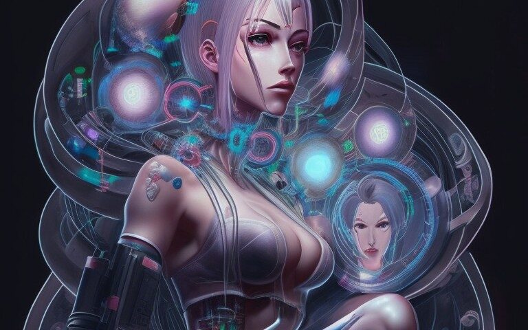 Schöne Frau, die auf einem massiven Cyberpunk-Thron sitzt - Leonardo AI Prompt Leonardo Creative beautiful woman made of shapes wires tubes veins jellyfish w 0