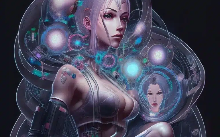 Schöne Frau, die auf einem massiven Cyberpunk-Thron sitzt - Leonardo AI Prompt Leonardo Creative beautiful woman made of shapes wires tubes veins jellyfish w 0