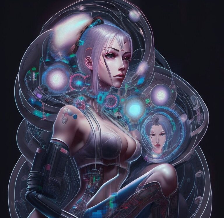 Schöne Frau, die auf einem massiven Cyberpunk-Thron sitzt - Leonardo AI Prompt Leonardo Creative beautiful woman made of shapes wires tubes veins jellyfish w 0