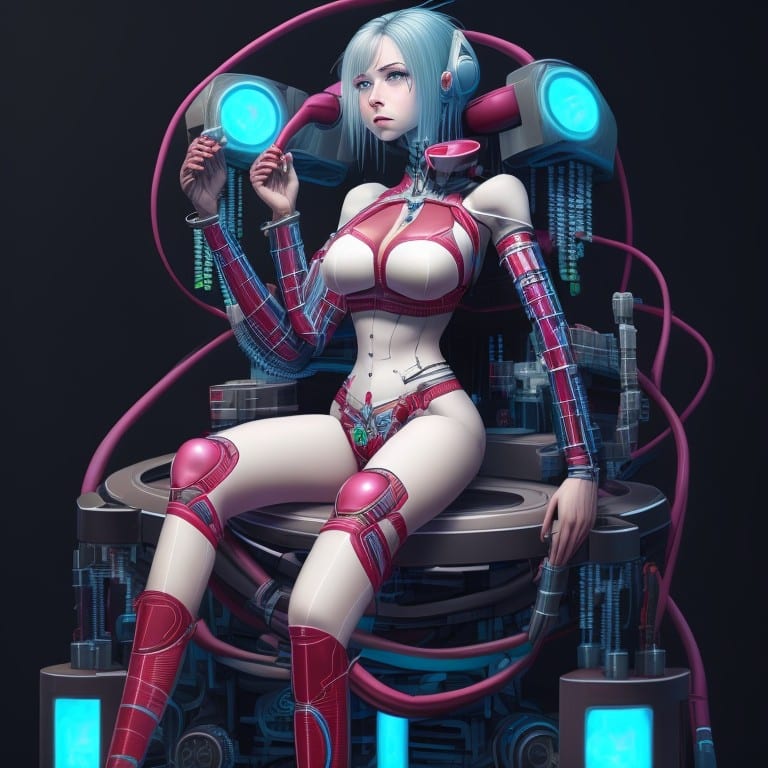 Schöne Frau, die auf einem massiven Cyberpunk-Thron sitzt - Leonardo AI Prompt Leonardo Creative beautiful woman made of shapes wires tubes veins jellyfish w 1