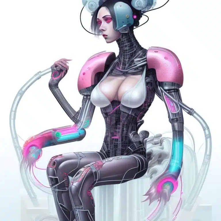 Schöne Frau, die auf einem massiven Cyberpunk-Thron sitzt - Leonardo AI Prompt Leonardo Creative beautiful woman made of shapes wires tubes veins jellyfish w 2