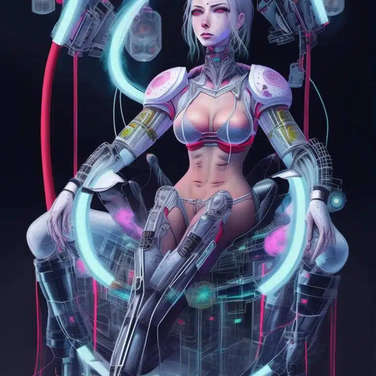Schöne Frau, die auf einem massiven Cyberpunk-Thron sitzt - Leonardo AI Prompt Leonardo Creative beautiful woman made of shapes wires tubes veins jellyfish w 3 1