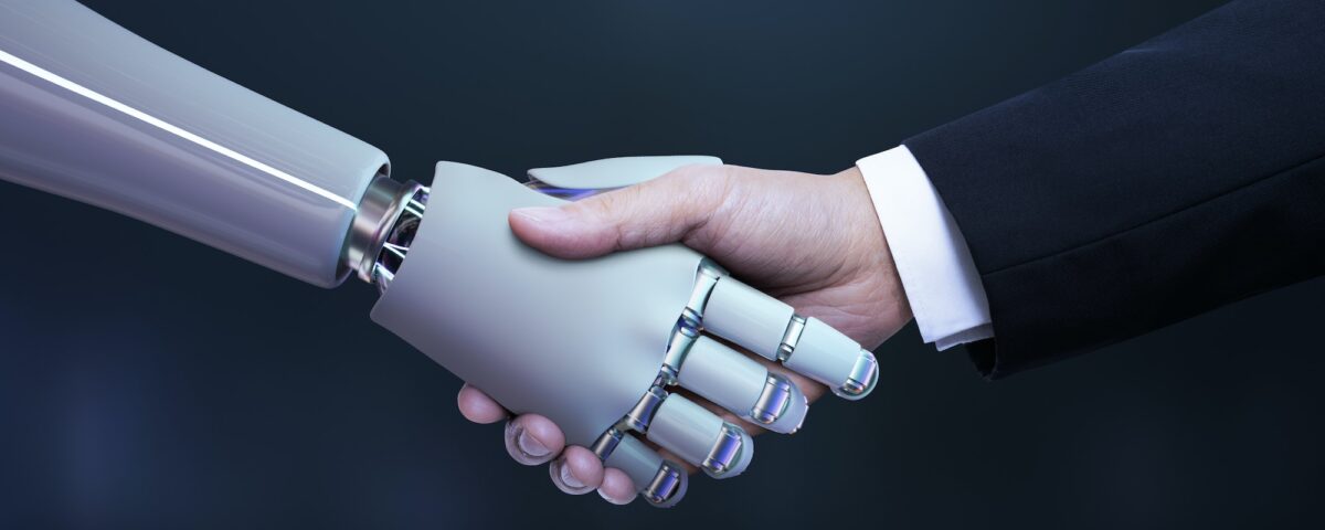 Business hand robot handshake, artificial intelligence digital transformation