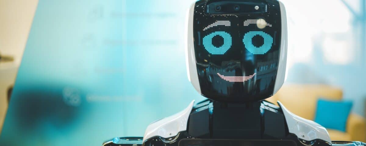 Smiling robot assistant with artificial intelligence in a public place