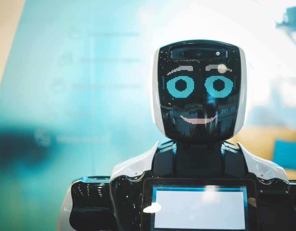 Smiling robot assistant with artificial intelligence in a public place