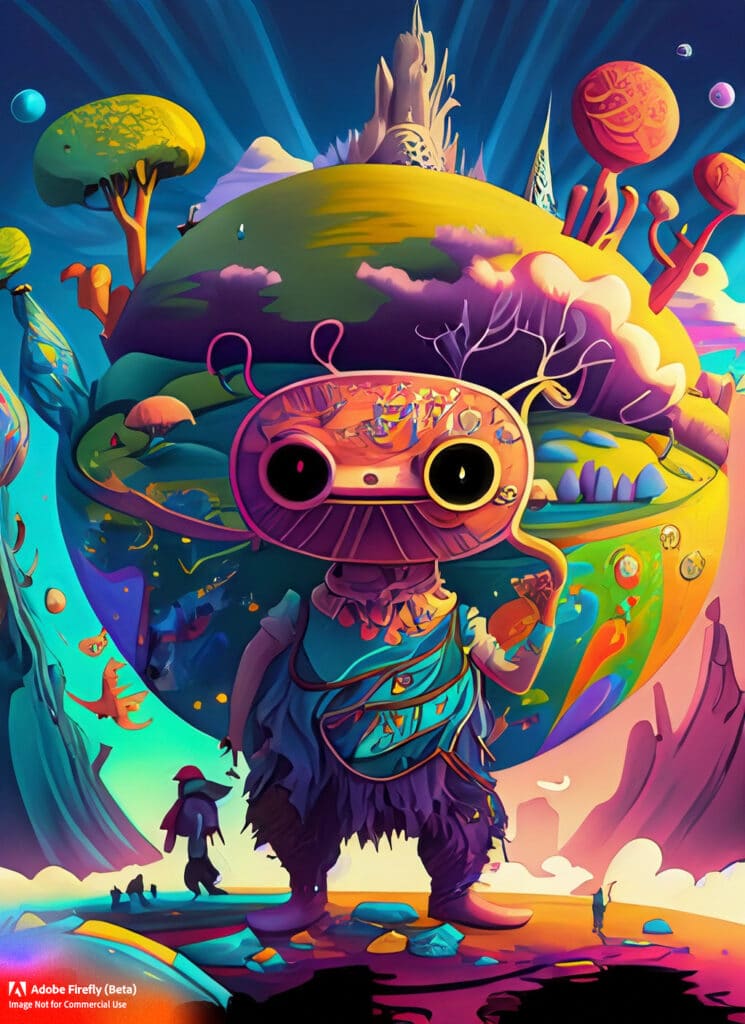 Firefly Afantastical cartoon like world filled with vibrant colors and whimsical characters. graphicline drawingwide angle 67281