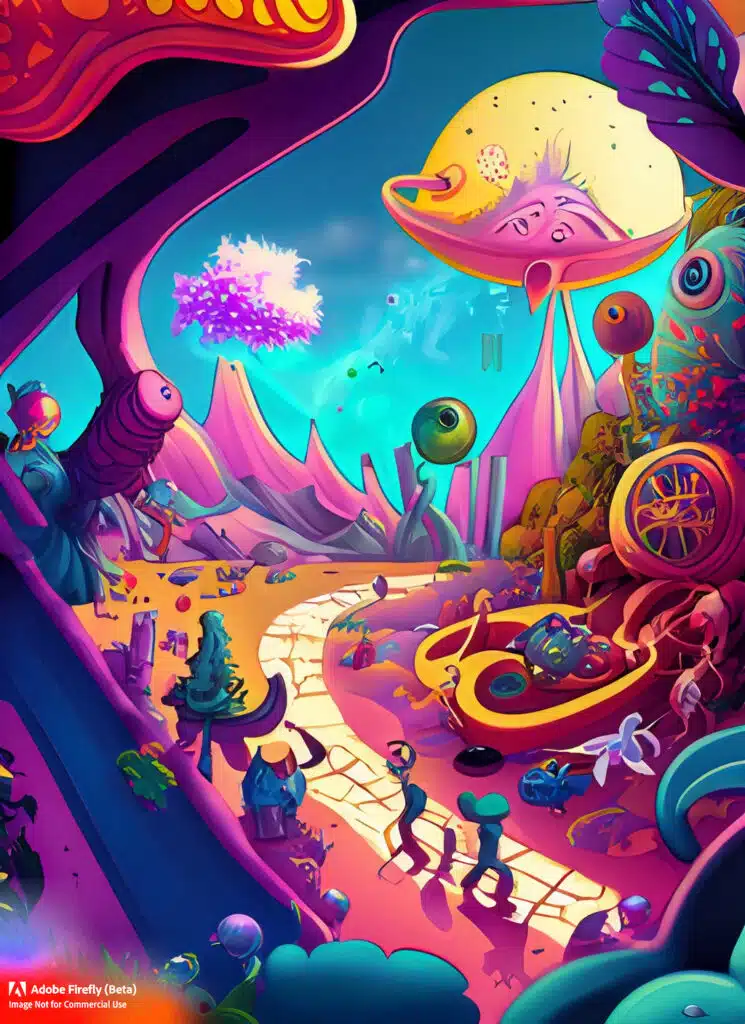 Firefly Afantastical cartoon like world filled with vibrant colors and whimsical characters. graphicline drawingwide angle 88667
