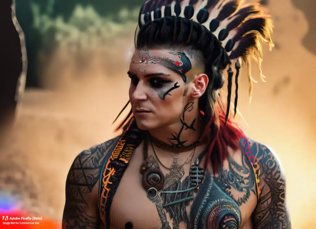 Firefly Atribal Aztec punk with a wild mohawk and intricate tribal tattoos. photobeautifulnarrow dofgolden hourvibrant colors 13258
