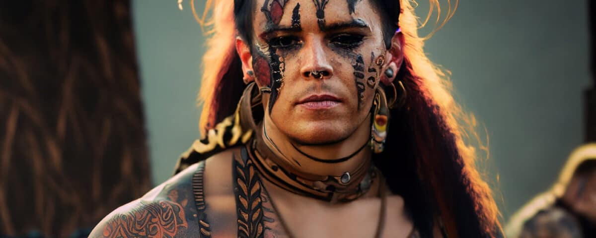 Firefly Atribal Aztec punk with a wild mohawk and intricate tribal tattoos. photobeautifulnarrow dofgolden hourvibrant colors 1575