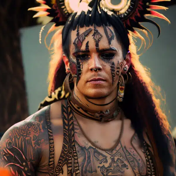 Firefly Atribal Aztec punk with a wild mohawk and intricate tribal tattoos. photobeautifulnarrow dofgolden hourvibrant colors 1575
