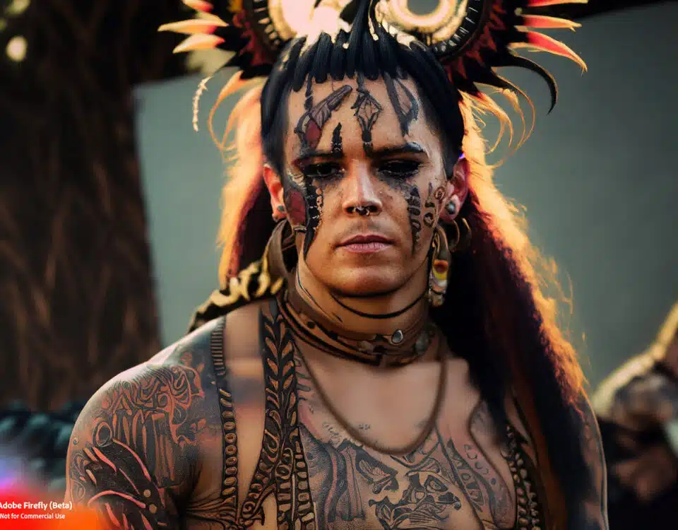Firefly Atribal Aztec punk with a wild mohawk and intricate tribal tattoos. photobeautifulnarrow dofgolden hourvibrant colors 1575