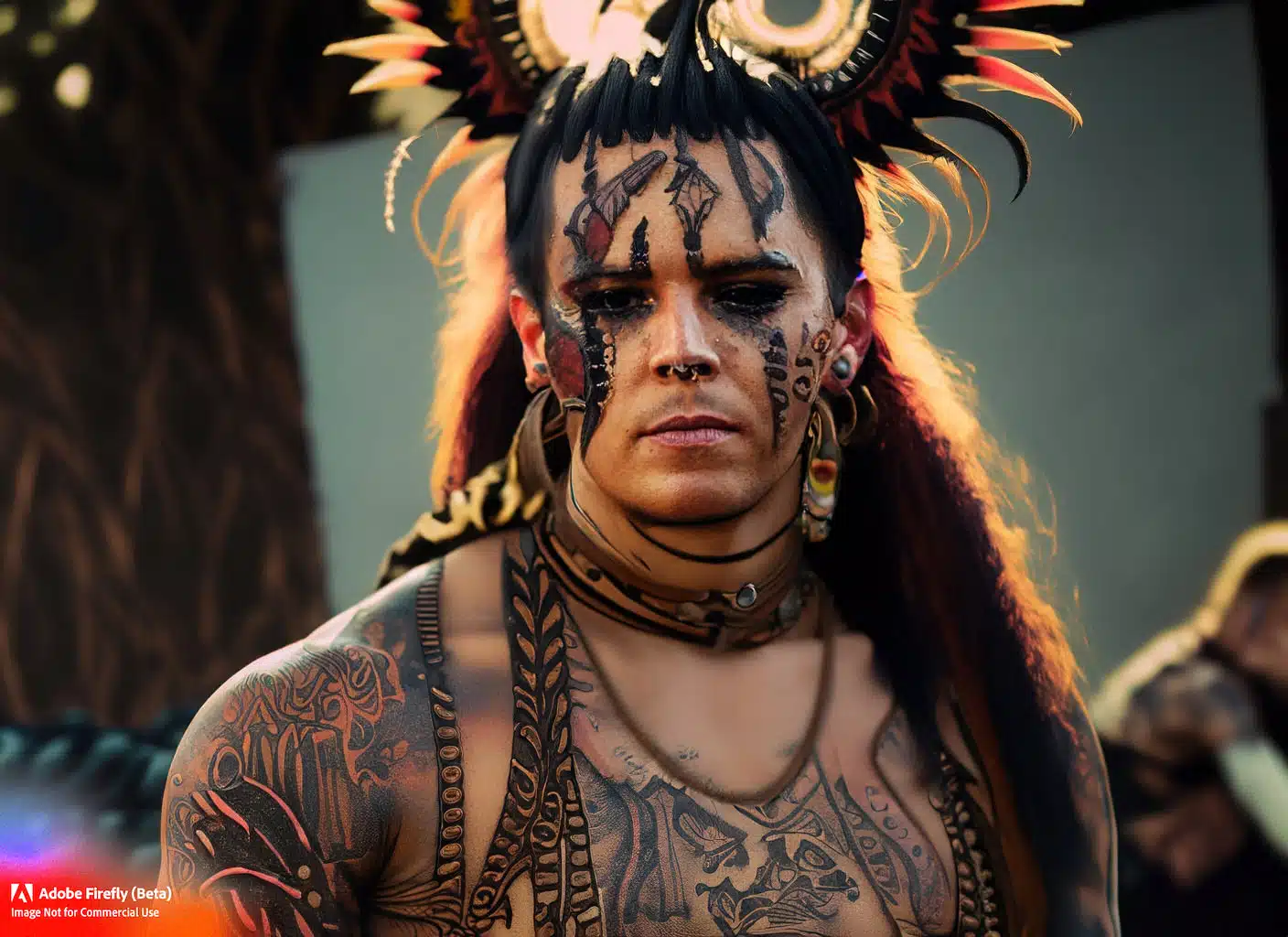 Firefly Atribal Aztec punk with a wild mohawk and intricate tribal tattoos. photobeautifulnarrow dofgolden hourvibrant colors 1575