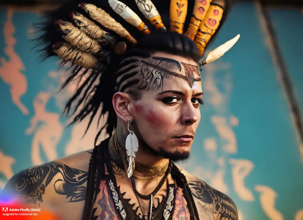 Firefly Atribal Aztec punk with a wild mohawk and intricate tribal tattoos. photobeautifulnarrow dofgolden hourvibrant colors 62447