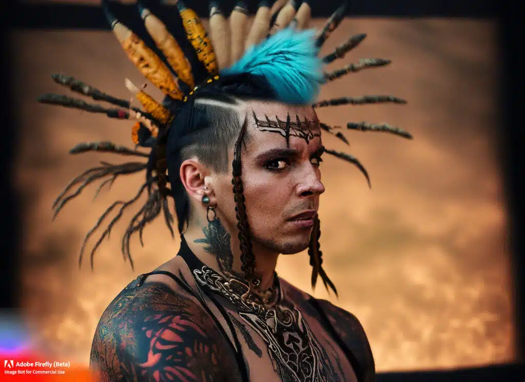 Firefly Atribal Aztec punk with a wild mohawk and intricate tribal tattoos. photobeautifulnarrow dofgolden hourvibrant colors 76975