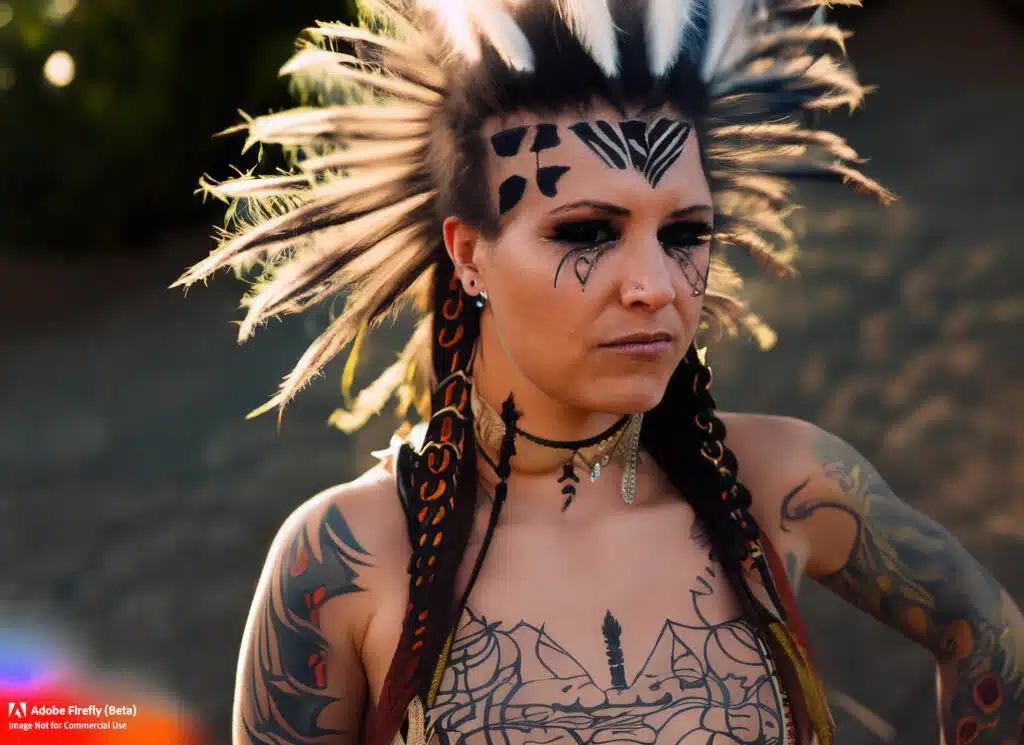 Firefly Atribal woman Aztec punk with a wild mohawk and intricate tribal tattoos. photobeautifulnarrow dofgolden hourvibrant colors 1575