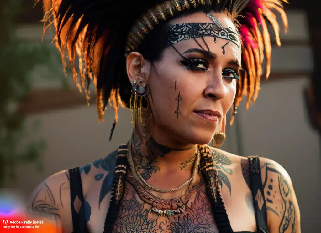 Firefly Atribal woman Aztec punk with a wild mohawk and intricate tribal tattoos. photobeautifulnarrow dofgolden hourvibrant colors 76975