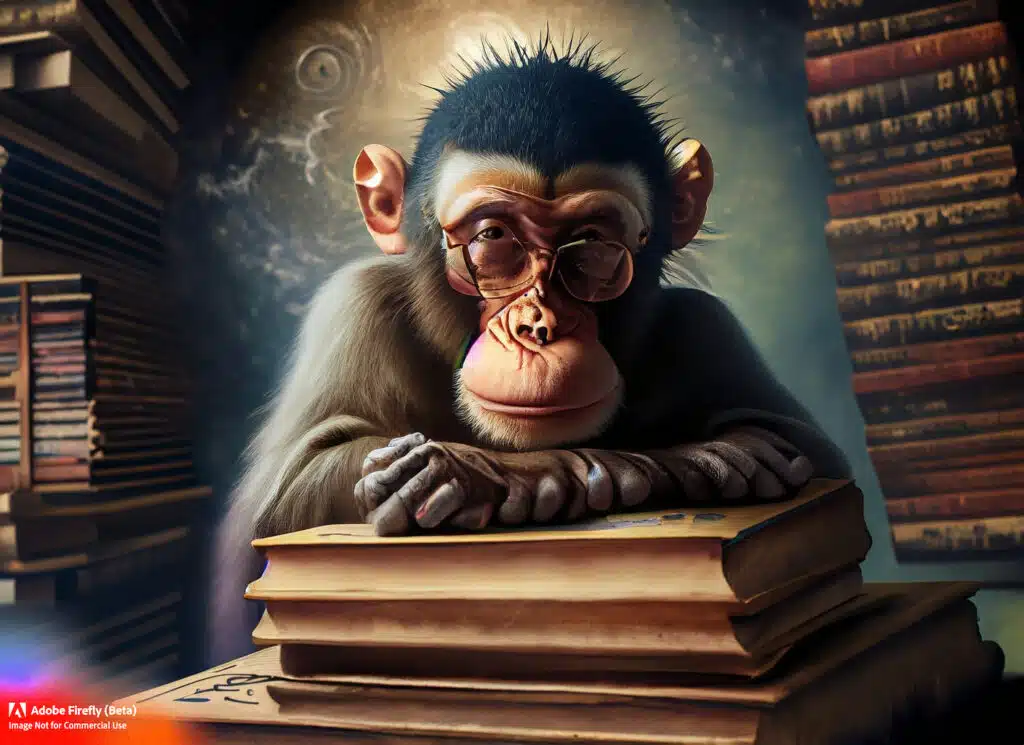 Firefly Awise monkey professor perched atop a stack of ancient books pondering the secrets of the universe photowide angledarkhyper realistic 1575
