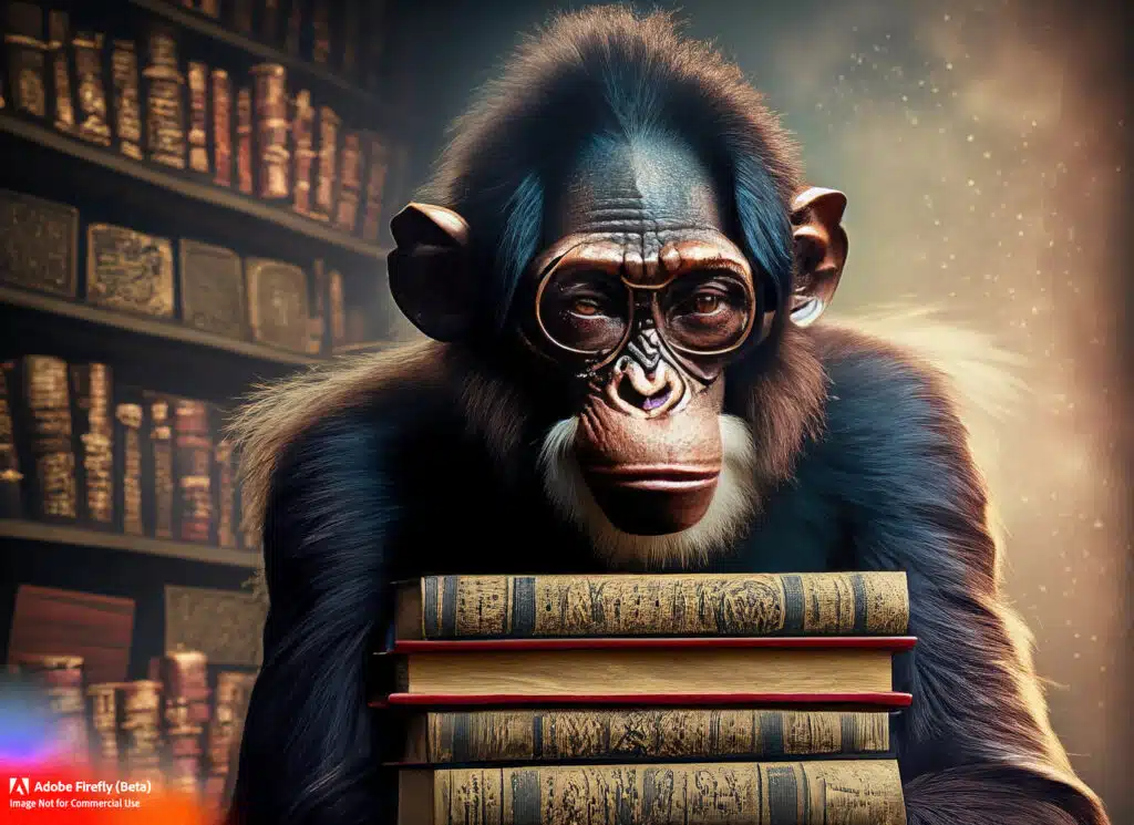 Firefly Awise monkey professor perched atop a stack of ancient books pondering the secrets of the universe photowide angledarkhyper realistic 76975