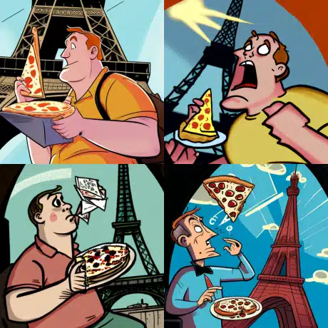 fA Cartoon man eating pizza on the Eiffel tower. 148e6eb2 e762 41e8 8ef2 4b117c53d446