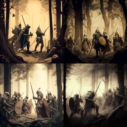 frkozn Sepia Color battle scene medieval warriors in forest 02e9e76c 3456 403c 8b9c adf44ed2132a