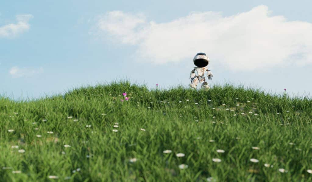 small bot walking in grass field, friendly technology and environment concept