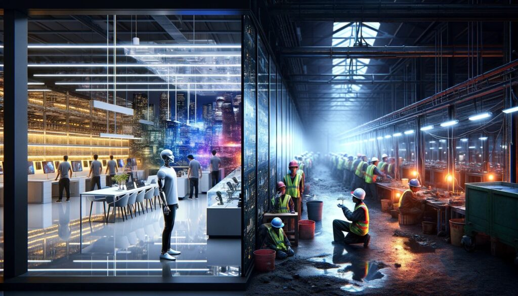 Silicon Valley's Vision vs. die Notlage minderjähriger ArbeiterInnen Create a split image reflecting two contrasting scenes. On one side, depict a high gloss, state of the art laboratory in Silicon Valley, filled with a