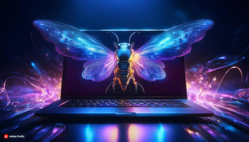 Firefly A glowing, iridescent firefly hovering above a sleek, futuristic laptop with a radiant, neon (1)