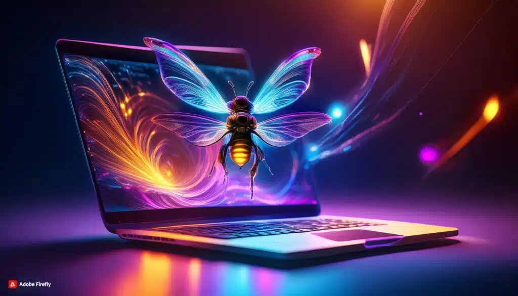 Firefly A glowing, iridescent firefly hovering above a sleek, futuristic laptop with a radiant, neon