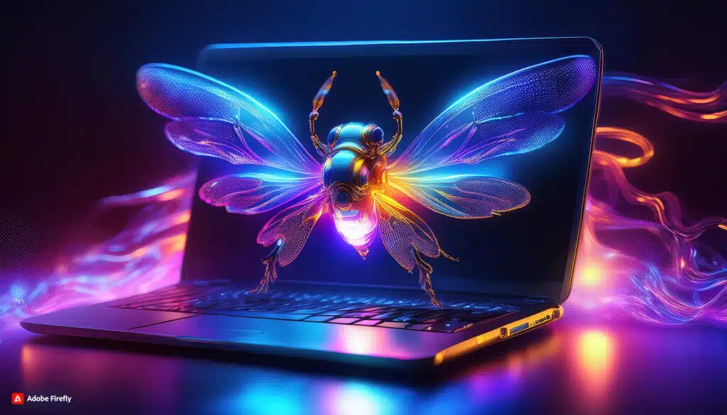 Firefly A glowing, iridescent firefly hovering above a sleek, futuristic laptop with a radiant, neon (2)