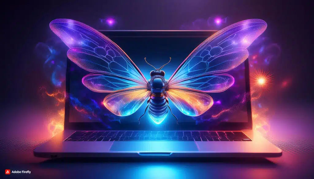 Firefly A glowing, iridescent firefly hovering above a sleek, futuristic laptop with a radiant, neon (3)