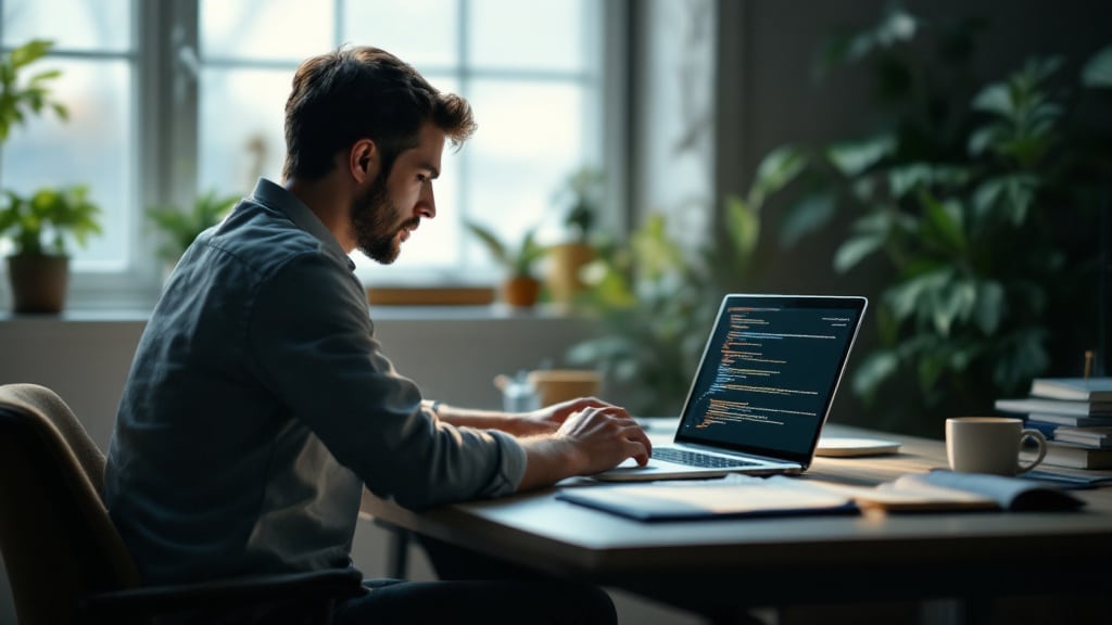 Entwicklerin prüft Code am Laptop