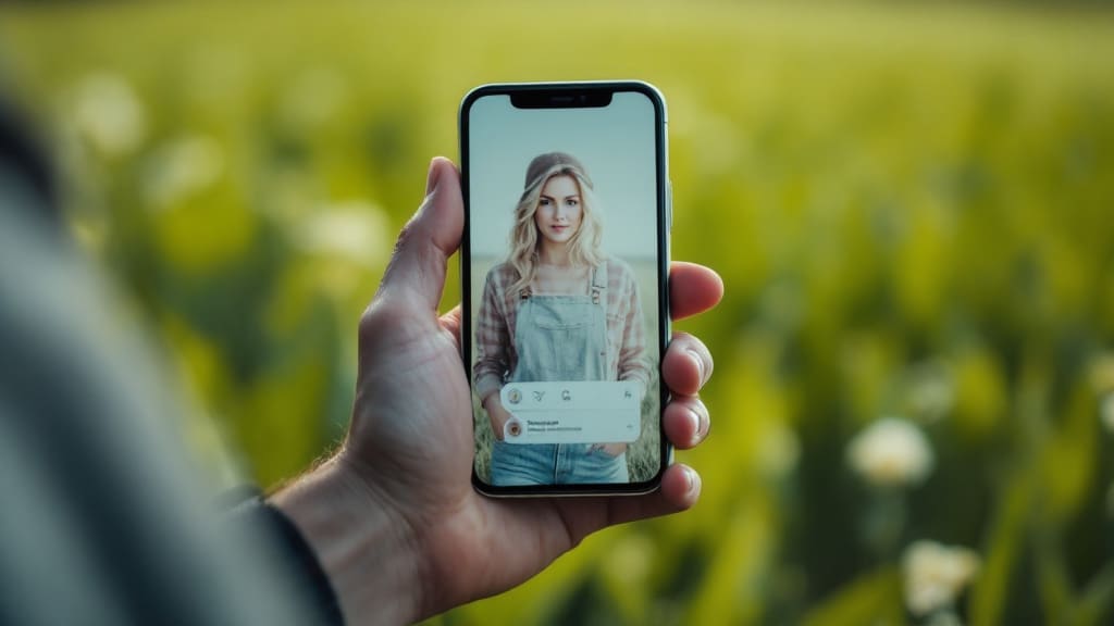 Smartphone zeigt KI-generiertes Profil einer Farm-Frau